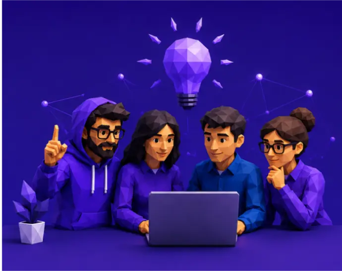Illustration équipe Appyend réunie autour d'un ordinateur pour concevoir une solution numérique.